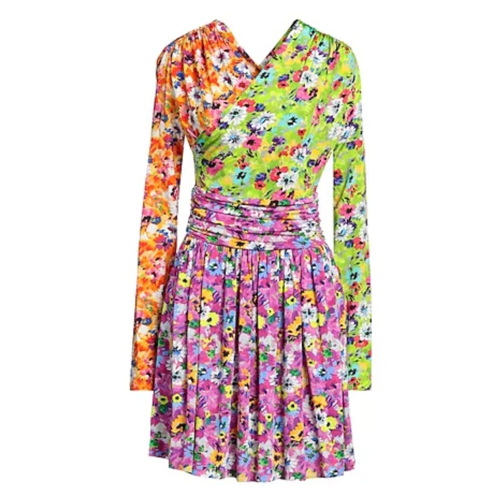 MSGM Floral Mini Dress Size 46 M/L Crossover Stretch Long Sleeve Italy Womens